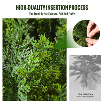 Close-up of high-quality insertion process showing full and fluffy faux cedar topiary trees with hidden trunk