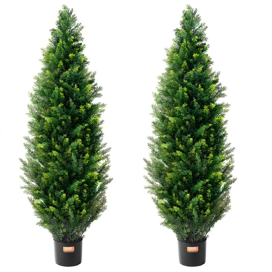 Two tall faux cedar topiary trees in black pots with dense green foliage from FauxMart.com