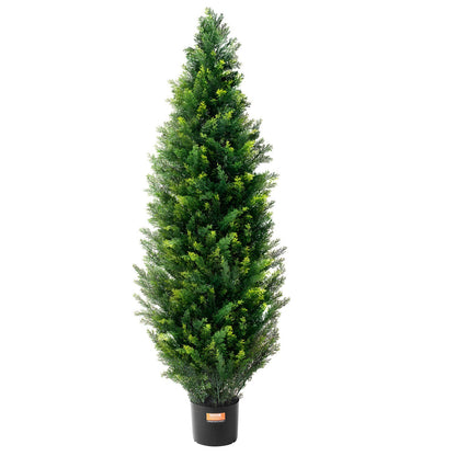 Tall artificial faux cedar topiary trees with dense green foliage in a black planter