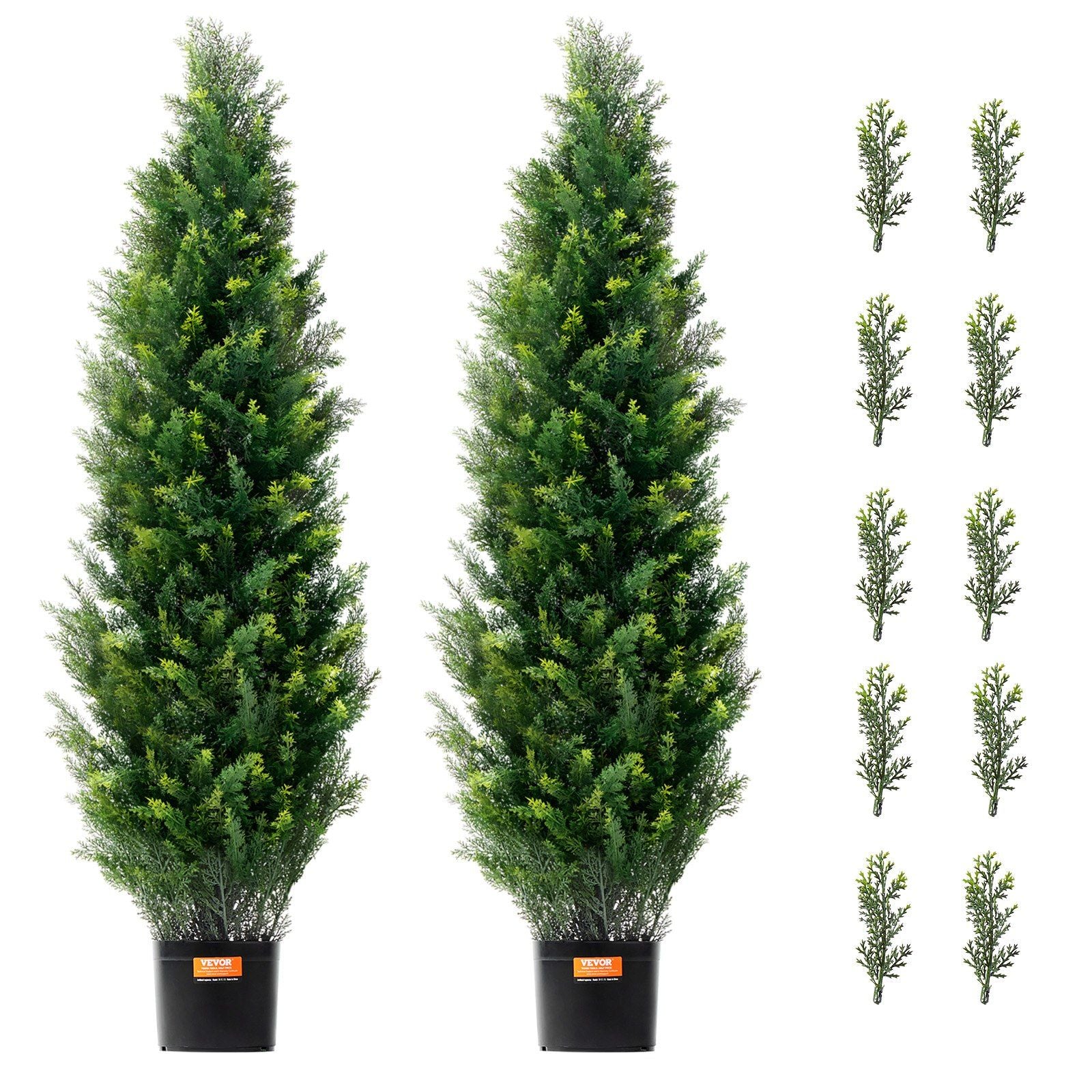 Two tall faux cedar topiary trees in black pots with multiple small matching faux cedar branches