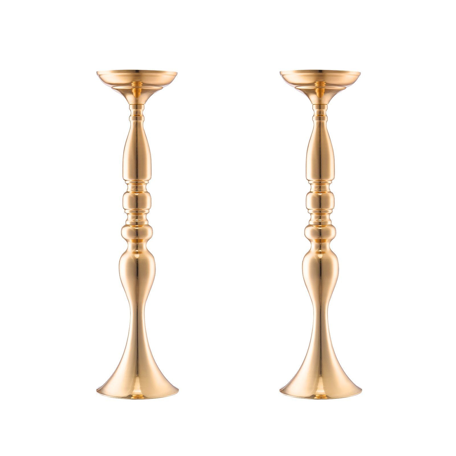 Set of two elegant gold wedding flower stands with a smooth metallic finish and ornate detailing