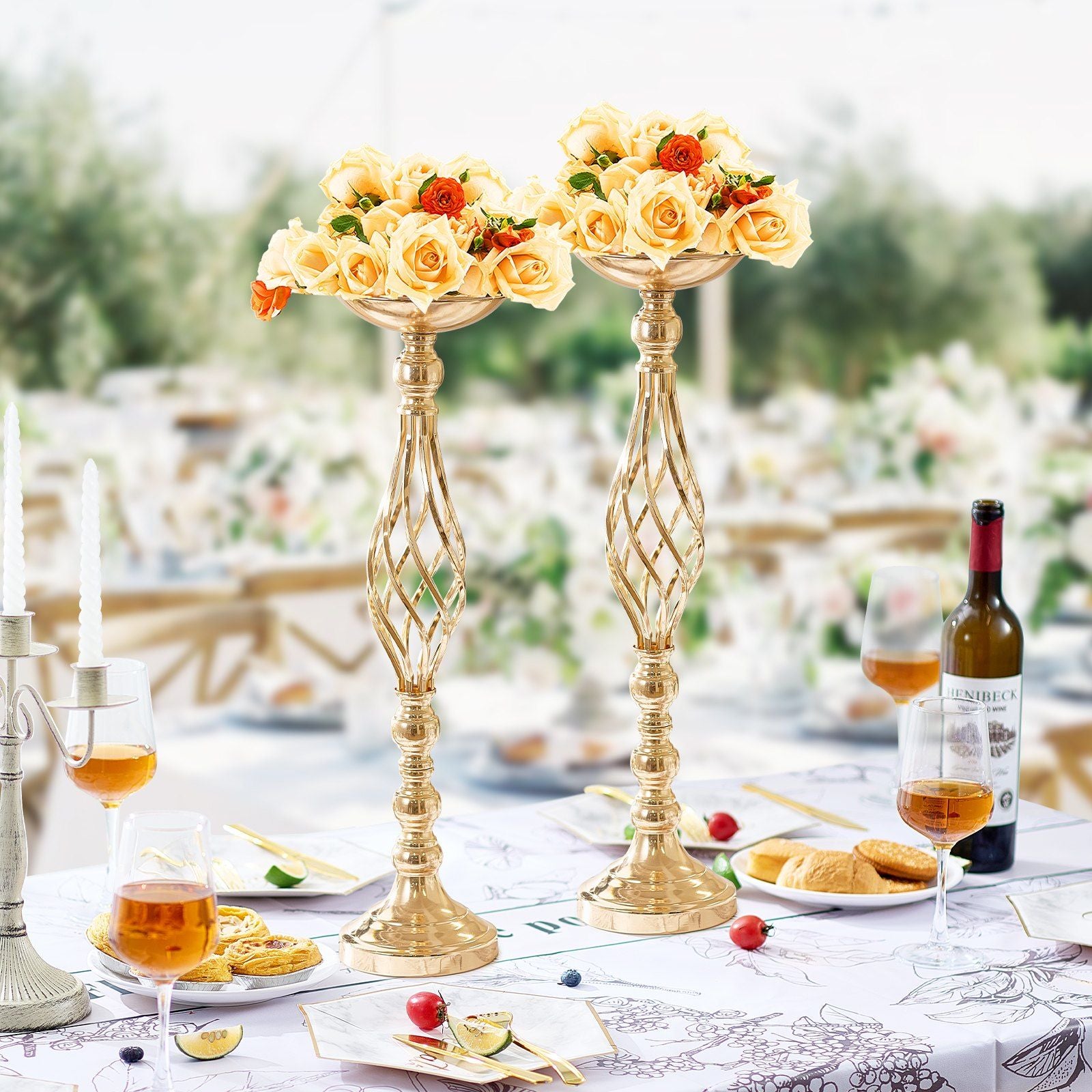 Elegant gold wedding table flower stand with cream and orange roses as centerpiece decor