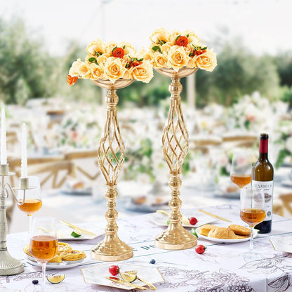Elegant gold wedding table flower stand with cream and orange roses as centerpiece decor