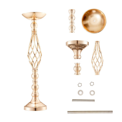 Gold wedding table flower stand with ornate lattice design and separate assembly parts