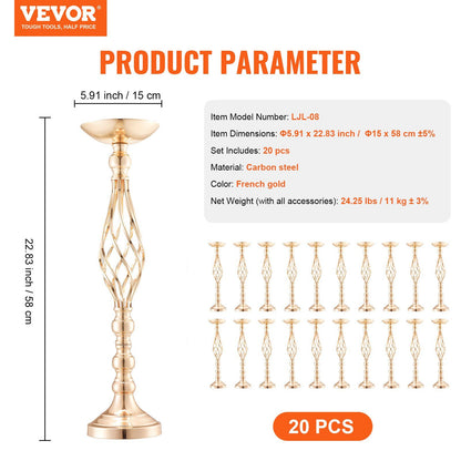 Set of 20 gold wedding table flower stand pieces in French gold carbon steel measuring 23 inches tall