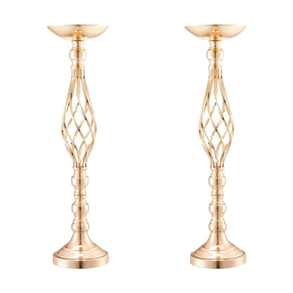 Pair of elegant gold wedding table flower stand with twisted lattice design and round base
