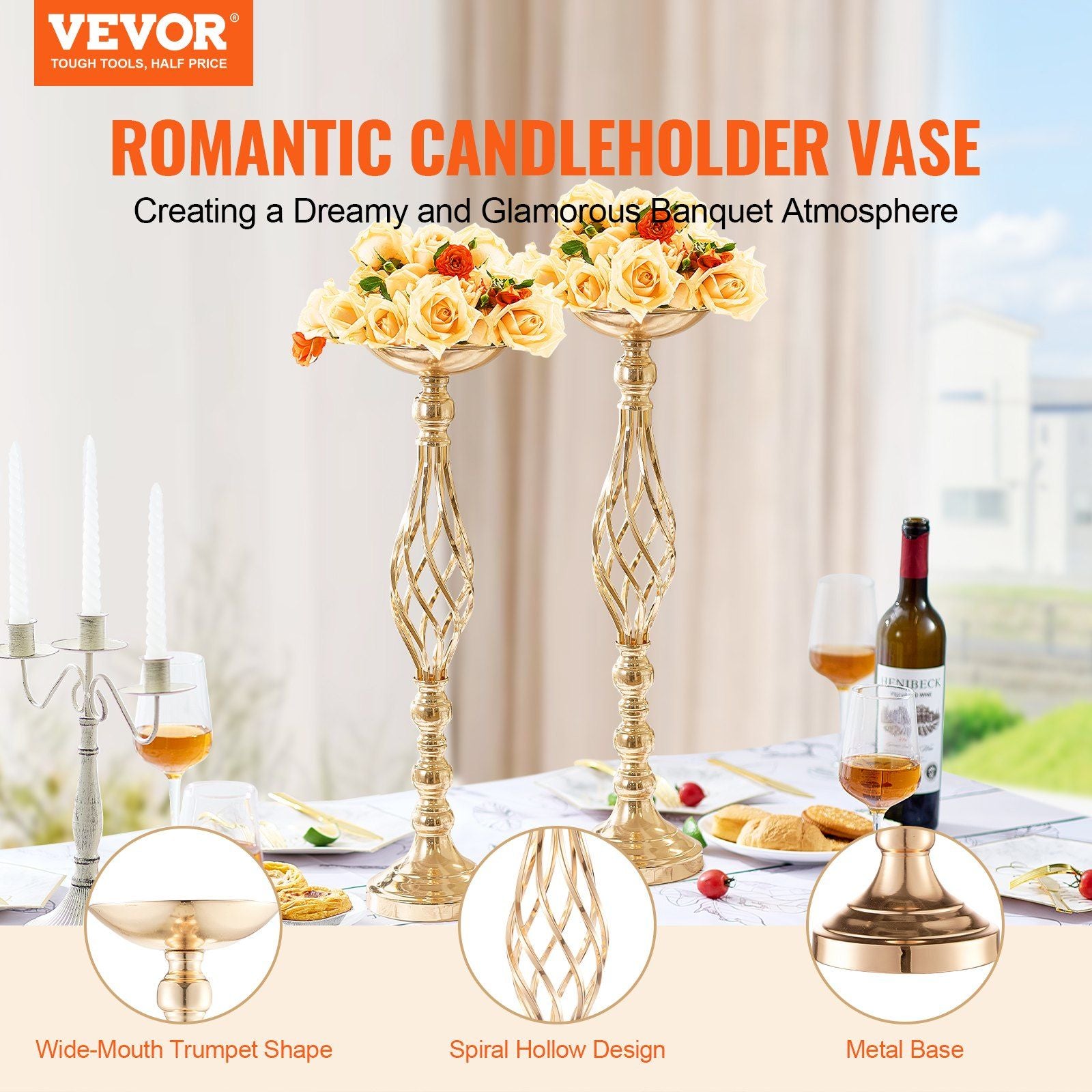 Gold wedding table flower stand with spiral hollow design and wide-mouth trumpet shape holding cream roses