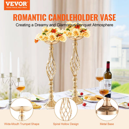 Gold wedding table flower stand with spiral hollow design and wide-mouth trumpet shape holding cream roses