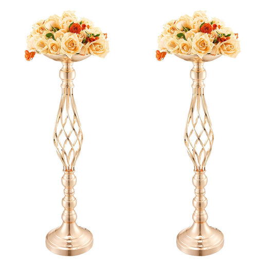 Set of two gold wedding table flower stand with cream and orange roses for elegant decor