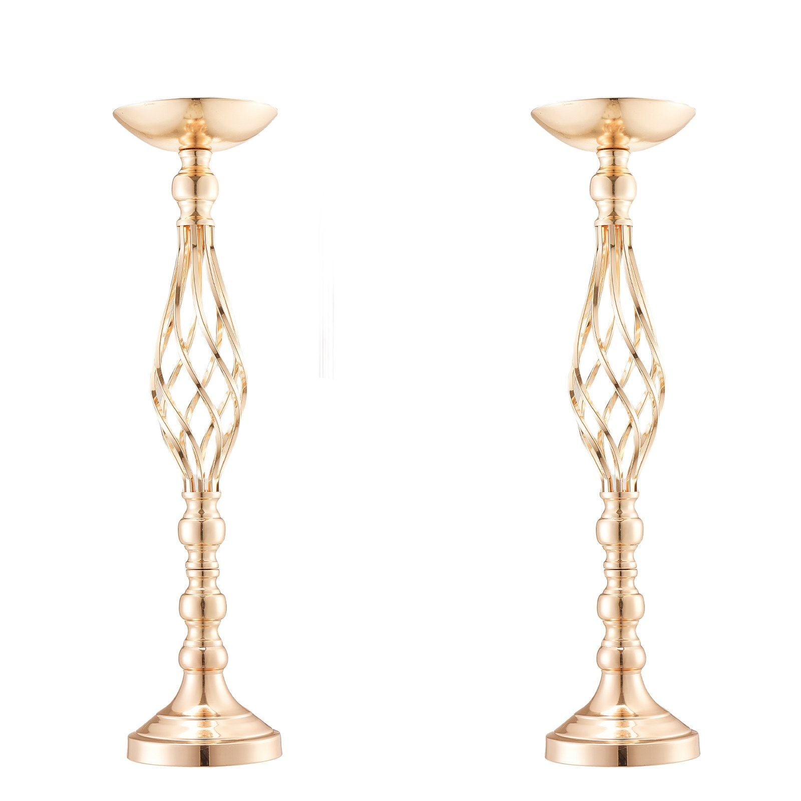 Pair of elegant gold wedding table flower stand with intricate lattice design and polished finish