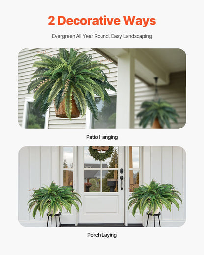 Large artificial Boston fern shown hanging on patio and placed on porch for decorative landscaping