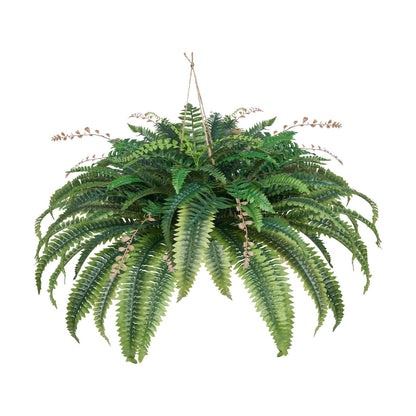 Large artificial Boston fern with lush green fronds hanging from a natural twine hanger
