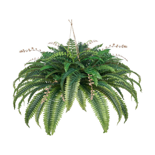 Large artificial Boston fern with lush green fronds hanging from a natural twine hanger