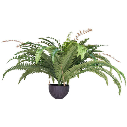 Large artificial Boston fern in a hanging woven basket with lush green fronds