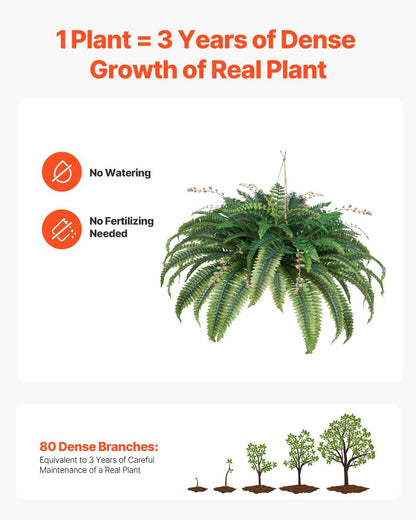 Large artificial Boston fern with dense green branches requiring no watering or fertilizing