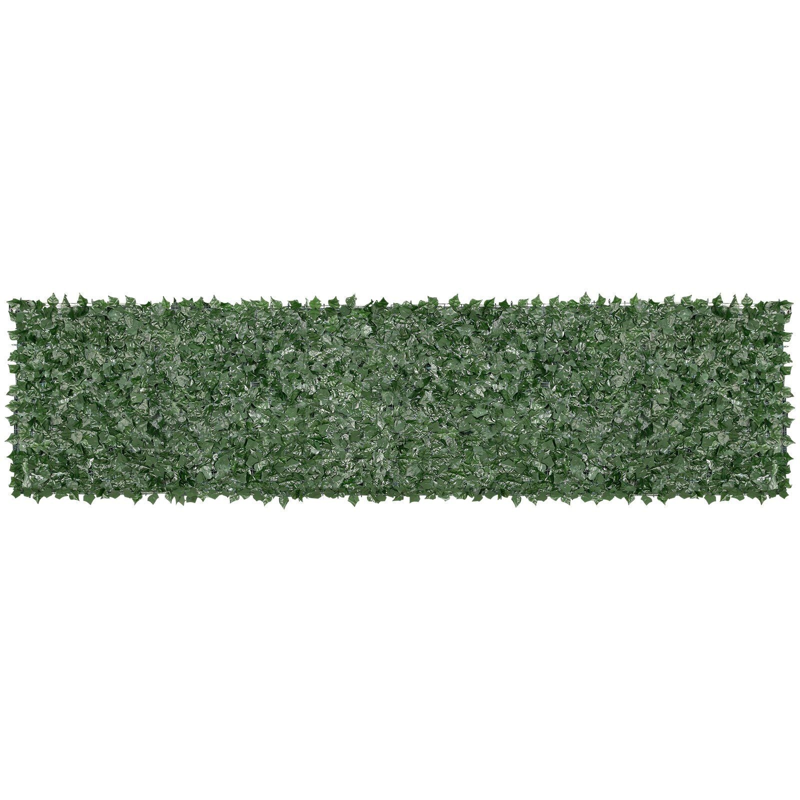 Green artificial ivy privacy screen with mesh backing panel for outdoor fence privacy