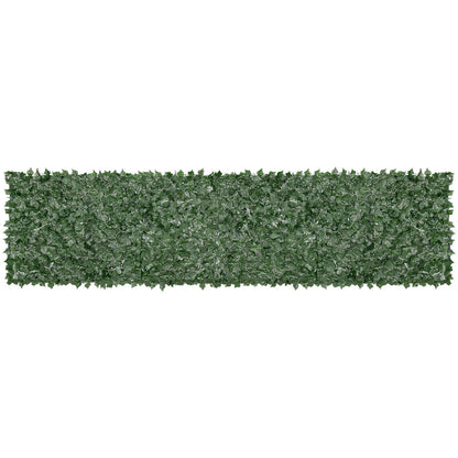 Green artificial ivy privacy screen with mesh backing panel for outdoor fence privacy