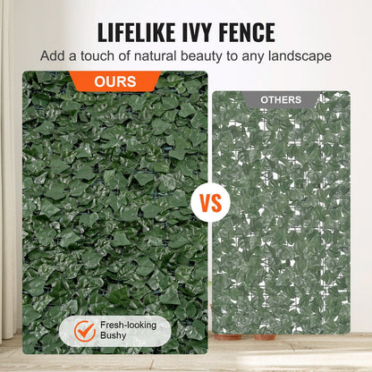 Lifelike ivy fence privacy screen with mesh backing showing fresh-looking bushy leaves compared to thinner competing product