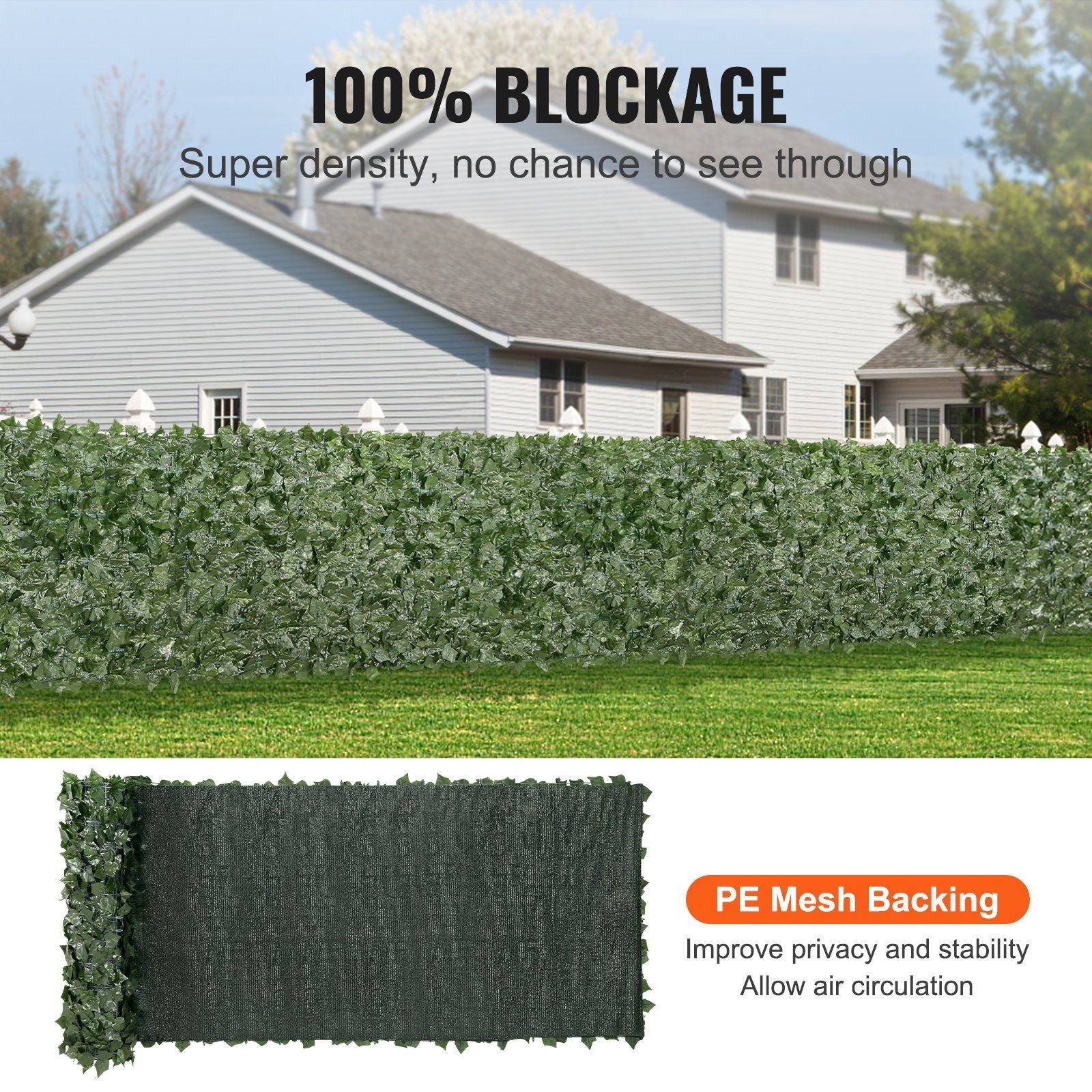 Privacy screen with mesh backing showing dense green foliage for 100 percent blockage and improved privacy with air circulation