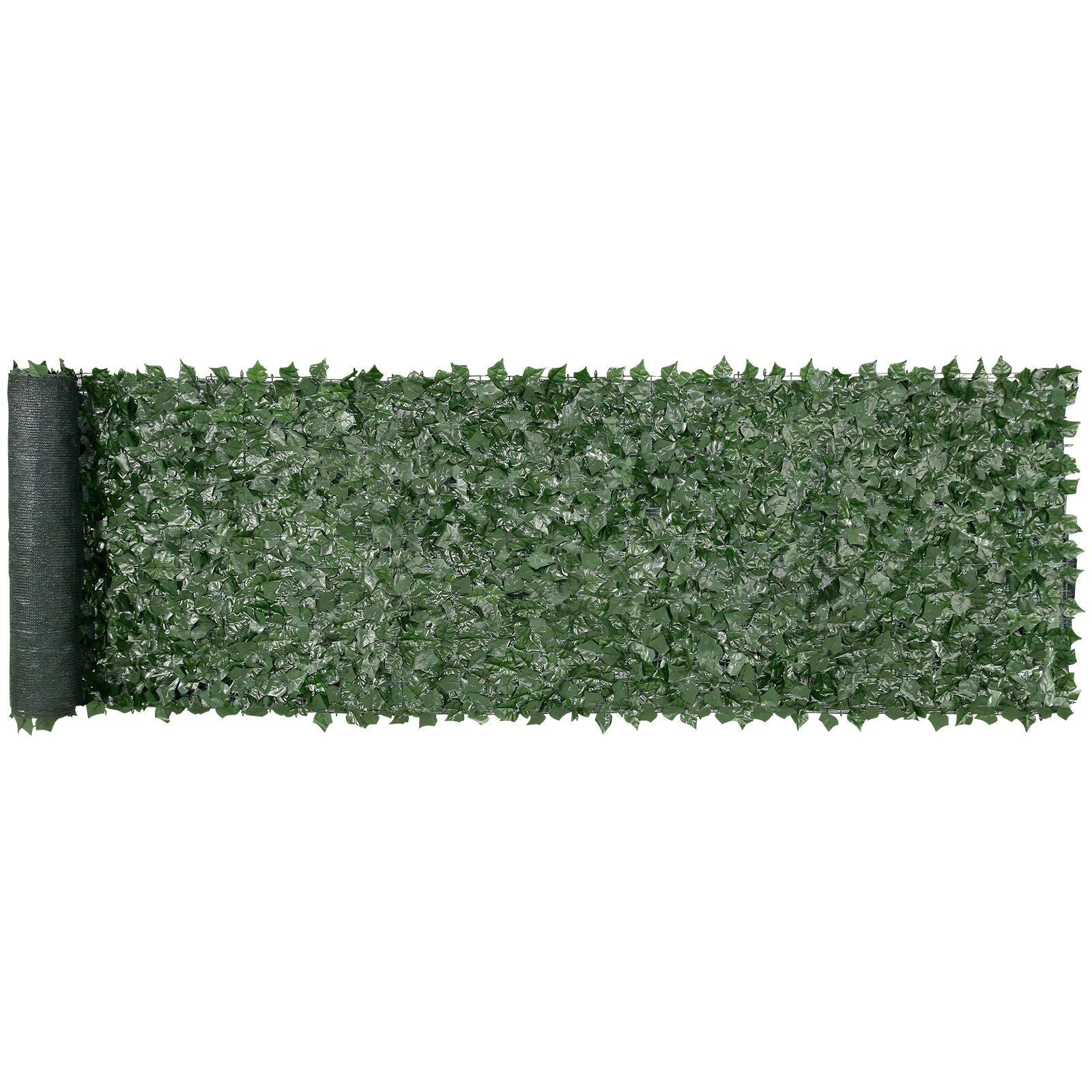 FauxMart privacy screen with mesh backing featuring green artificial leaves for outdoor privacy