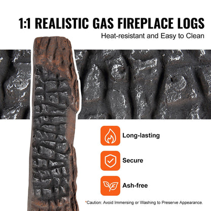 Close-up of realistic gas fireplace logs showing heat-resistant, ash-free textures with secure, long-lasting design