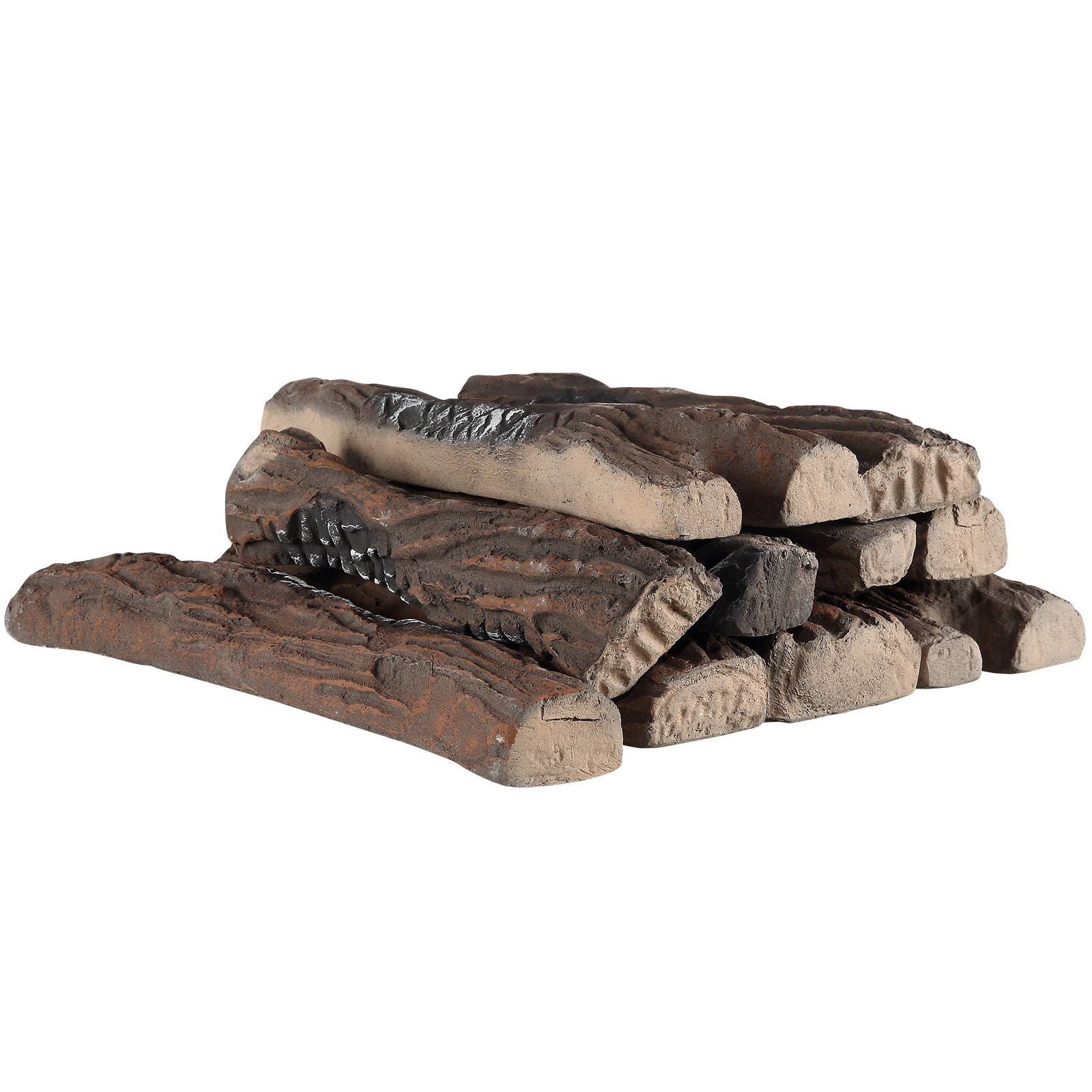 Stack of realistic gas fireplace logs with detailed bark texture and charred accents