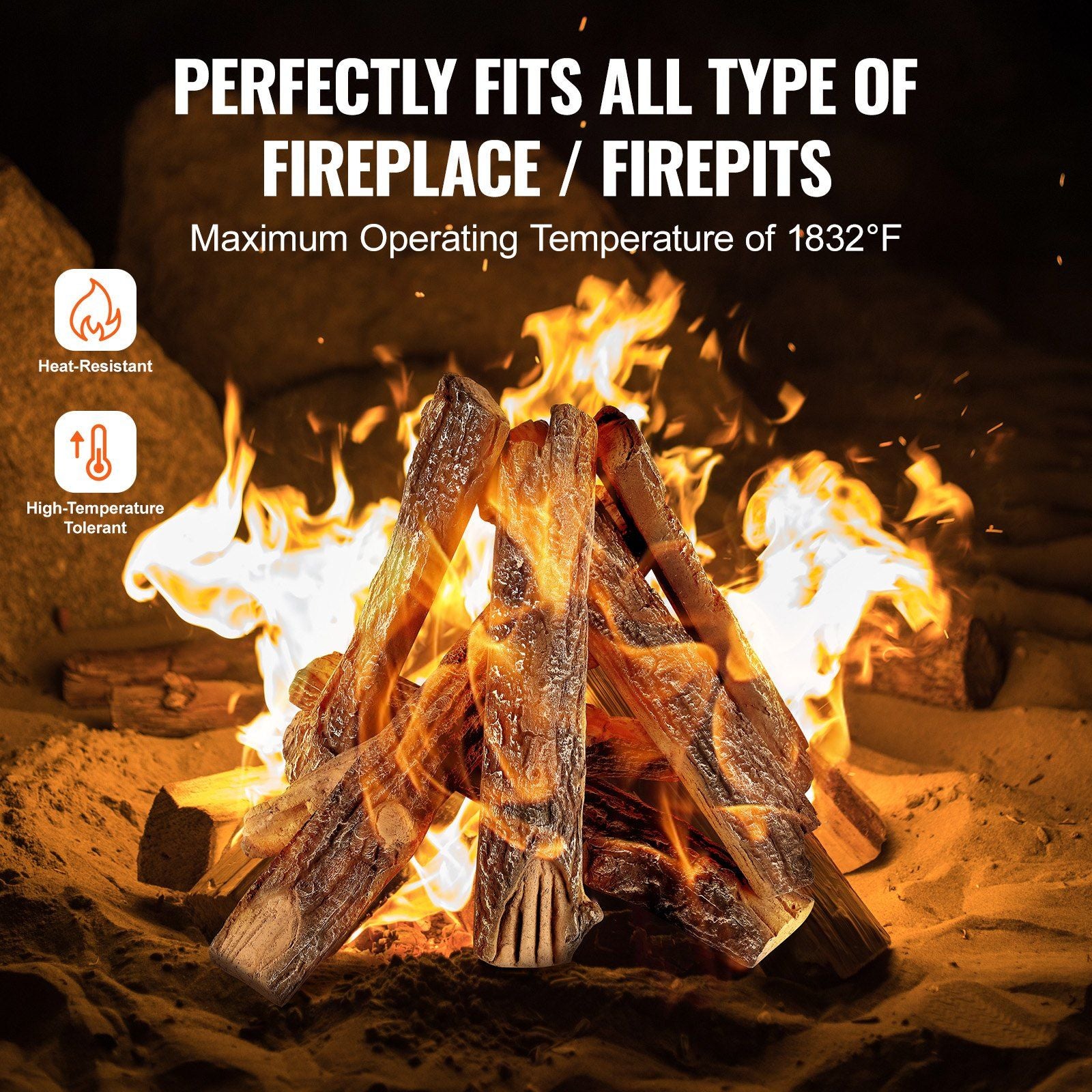 Realistic oak gas fire logs set burning with bright flames in a fireplace or firepit setting