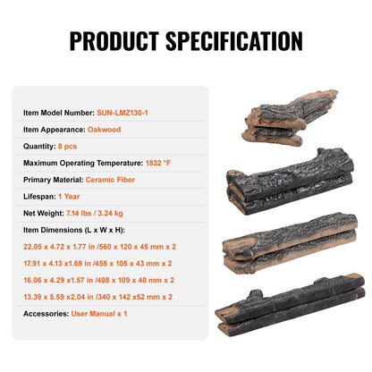Realistic oak gas fire logs set showing eight ceramic fiber oakwood logs with detailed textures