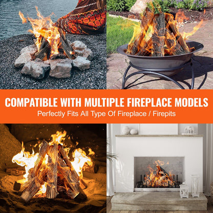 Realistic oak gas fire logs set displayed burning in outdoor fire pits and indoor fireplace settings