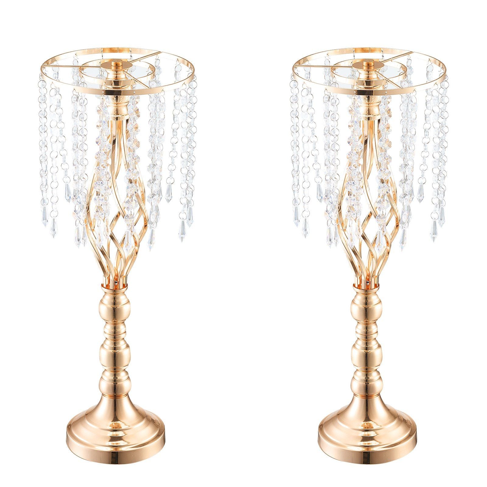 Pair of tall crystal wedding flower stand with gold finish and hanging crystal bead accents