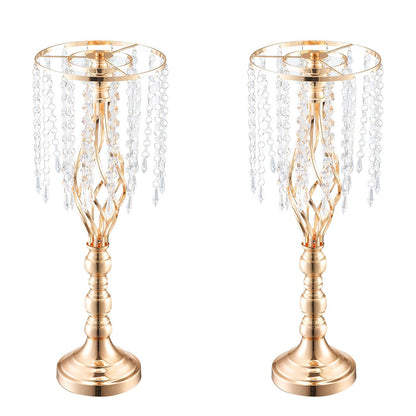 Pair of tall crystal wedding flower stand with gold finish and hanging crystal bead accents