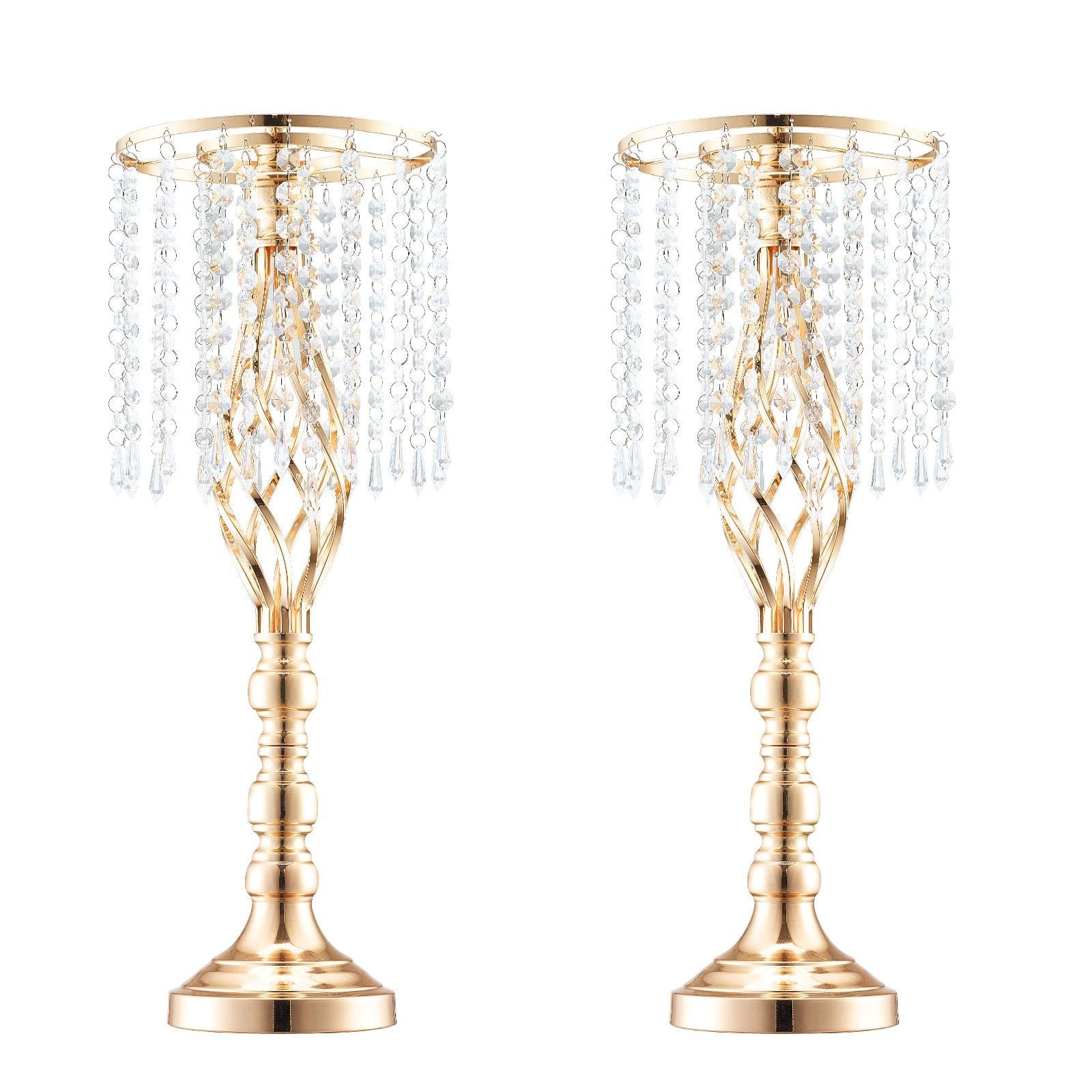 Pair of tall crystal wedding flower stand gold candle holders with hanging crystal beads