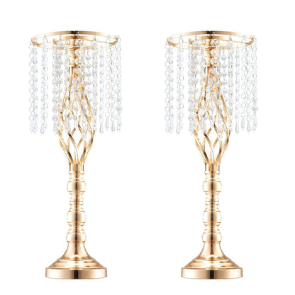 Pair of tall crystal wedding flower stand gold candle holders with hanging crystal beads