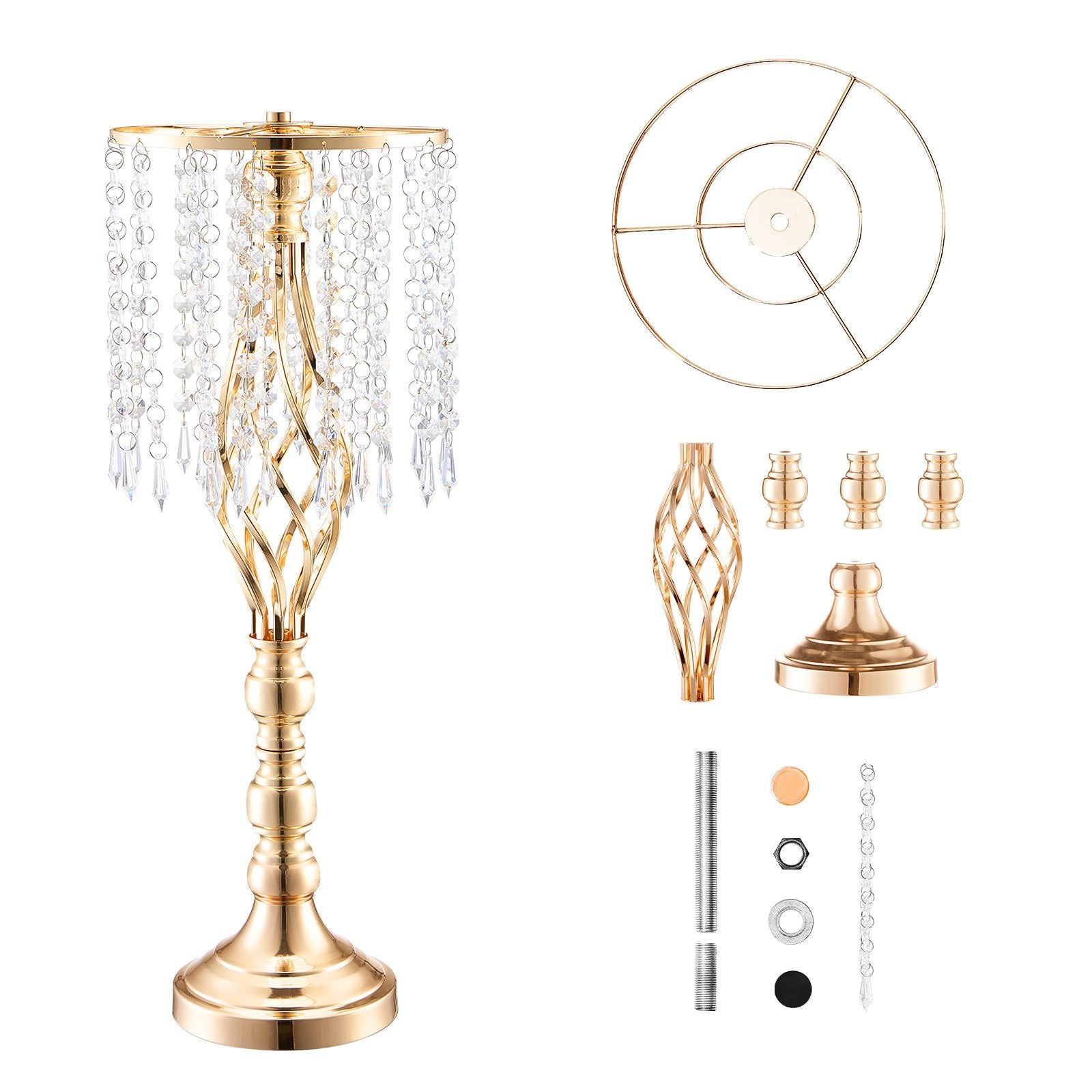 FauxMart tall crystal wedding flower stand with gold base and hanging crystal decorations with assembly parts