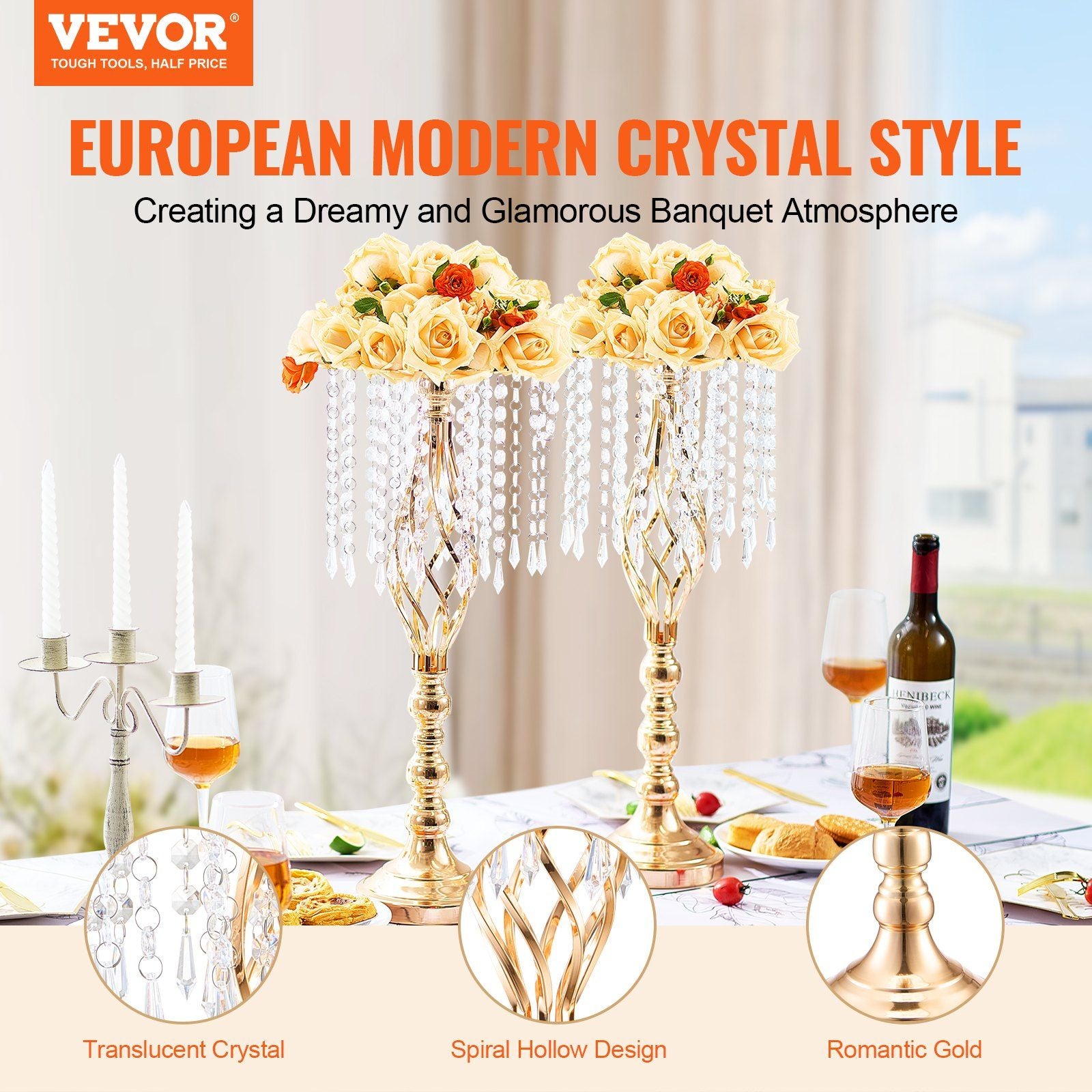 Tall crystal wedding flower stand with translucent crystals spiral hollow design and romantic gold finish