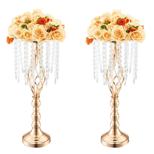 Pair of tall crystal wedding flower stand gold holders decorated with peach and orange roses