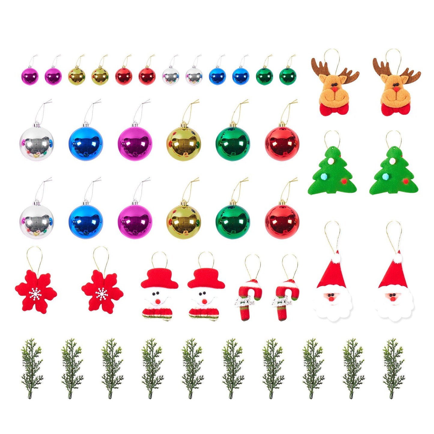 Colorful Christmas ornament set including baubles, reindeer, trees, snowmen, and greenery from FauxMart.com