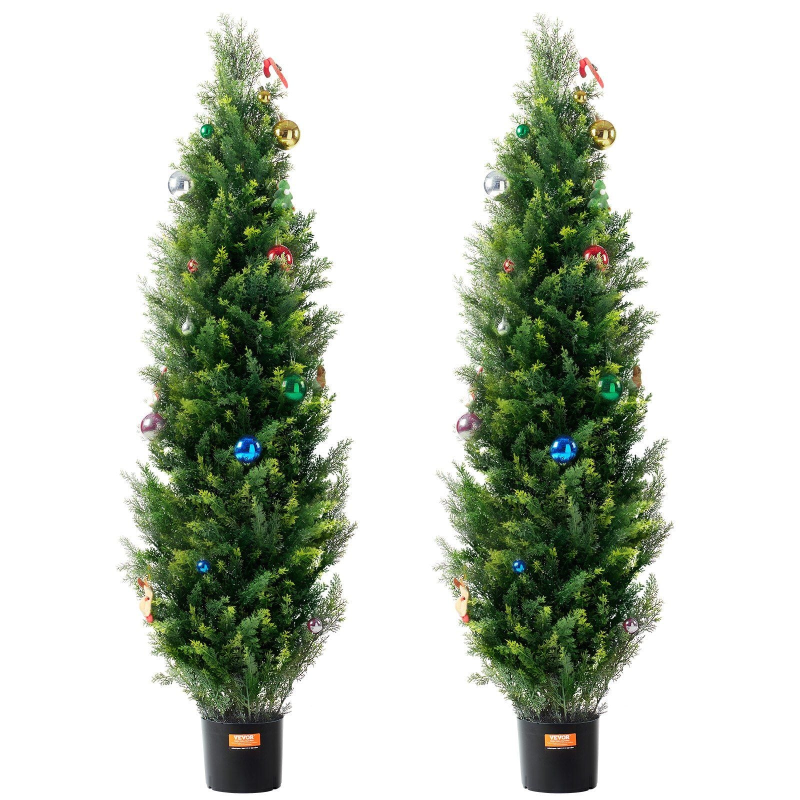 Tall UV resistant faux plants outdoor decorated with colorful ornaments in black pots from FauxMart.com