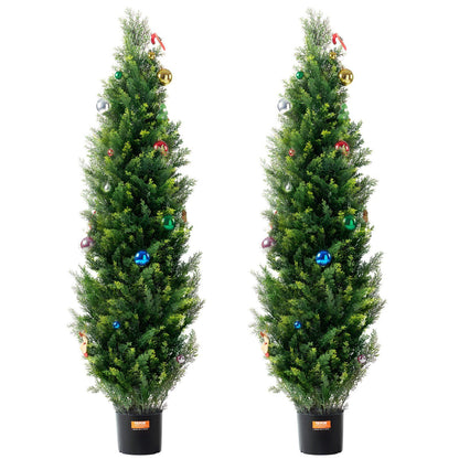 Tall UV resistant faux plants outdoor decorated with colorful ornaments in black pots from FauxMart.com