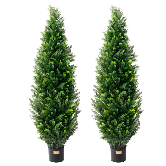 Two tall UV resistant faux plants outdoor in black pots with dense green foliage for garden decor