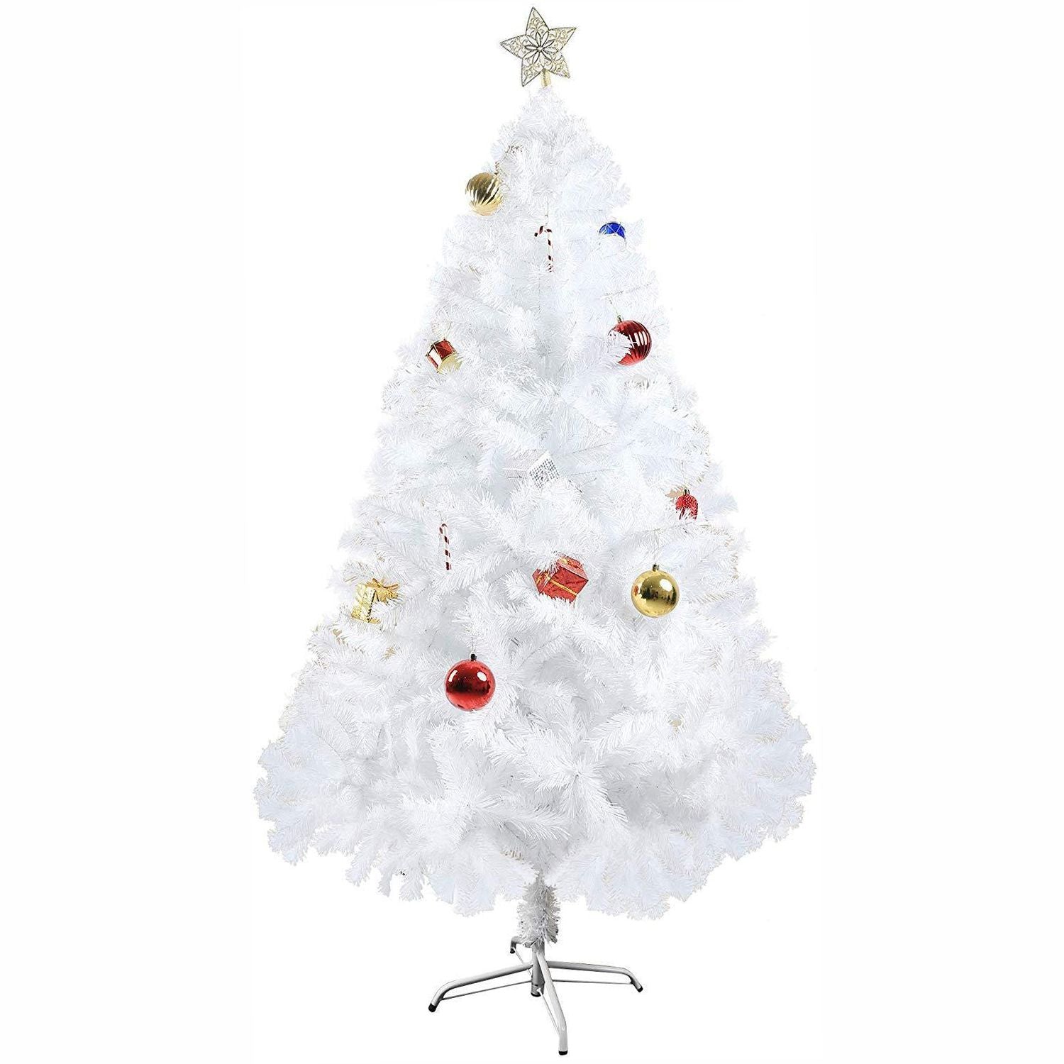 White artificial Christmas tree decorated with red and gold ornaments and topped with a star