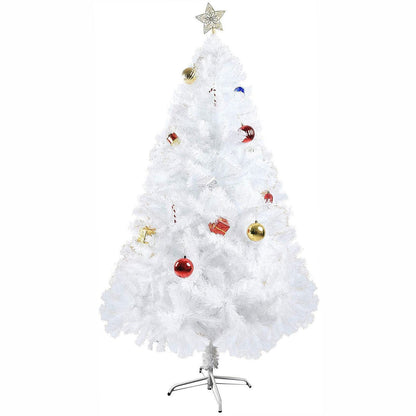White artificial Christmas tree decorated with red and gold ornaments and topped with a star