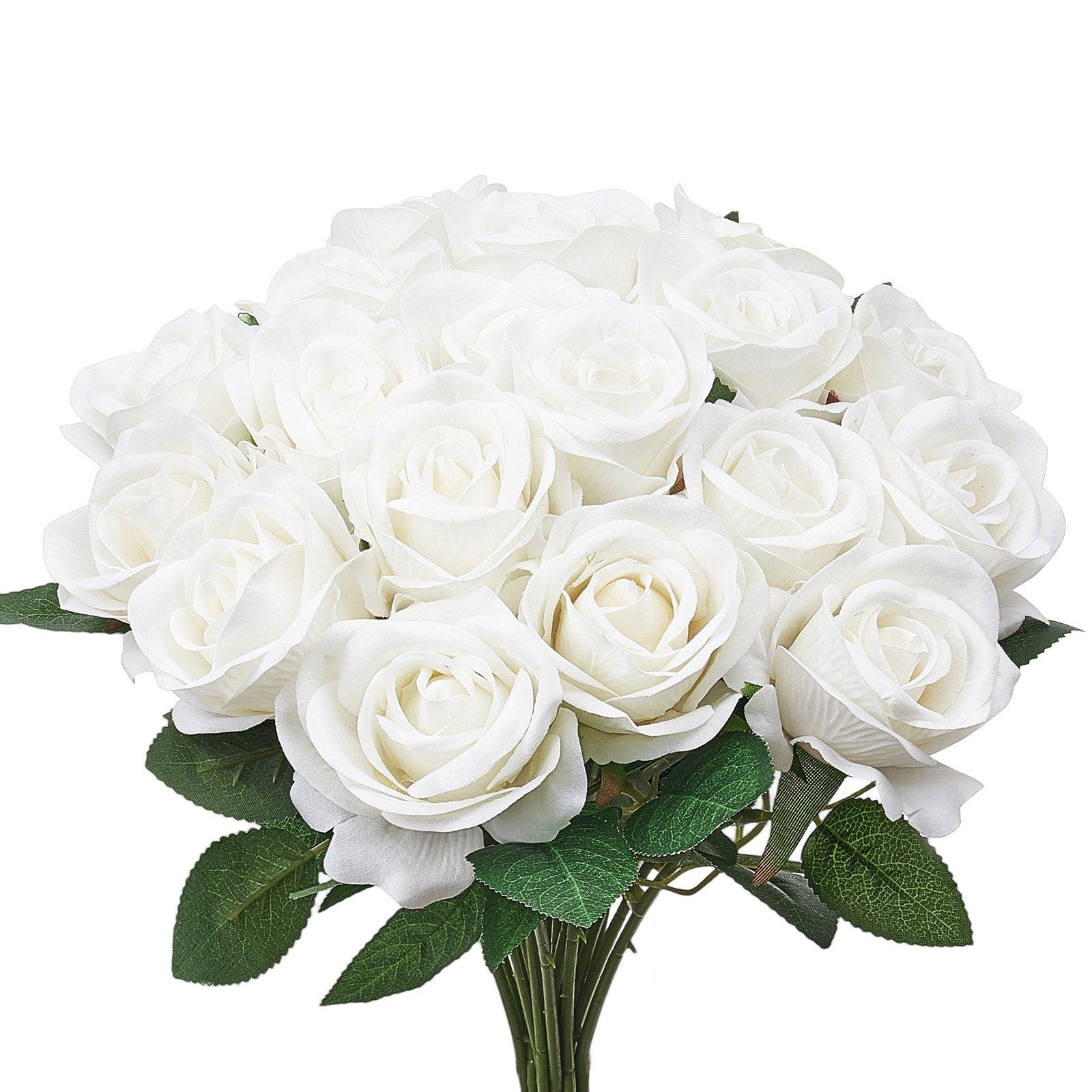 White artificial roses bouquet with lush green leaves from FauxMart.com perfect for home decor