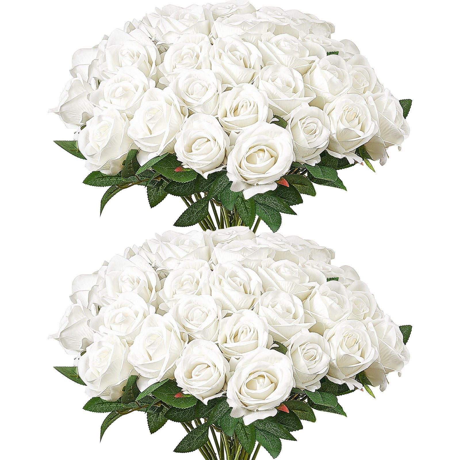White artificial roses bouquet with lush green leaves from FauxMart.com perfect for home decor or weddings