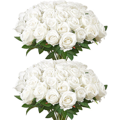 White artificial roses bouquet with lush green leaves from FauxMart.com perfect for home decor or weddings