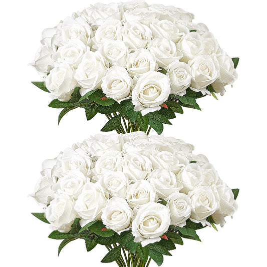 White artificial roses bouquet with lush green leaves from FauxMart.com perfect for home decor or weddings