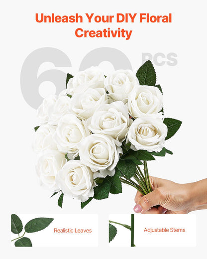 Hand holding white artificial roses bouquet with realistic leaves and adjustable stems from FauxMart.com