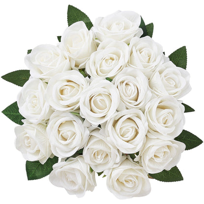 White artificial roses bouquet with green leaves from FauxMart.com, perfect for elegant decoration