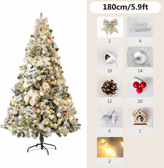 White snow Christmas tree 7ft indoor outdoor decorated with lights bows pinecones and ornaments
