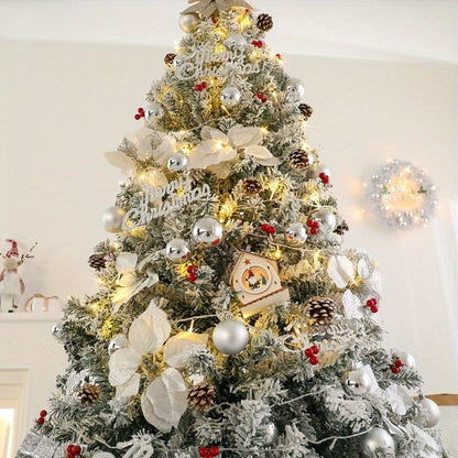 White snow Christmas tree 7ft indoor outdoor decorated with lights pine cones and silver ornaments